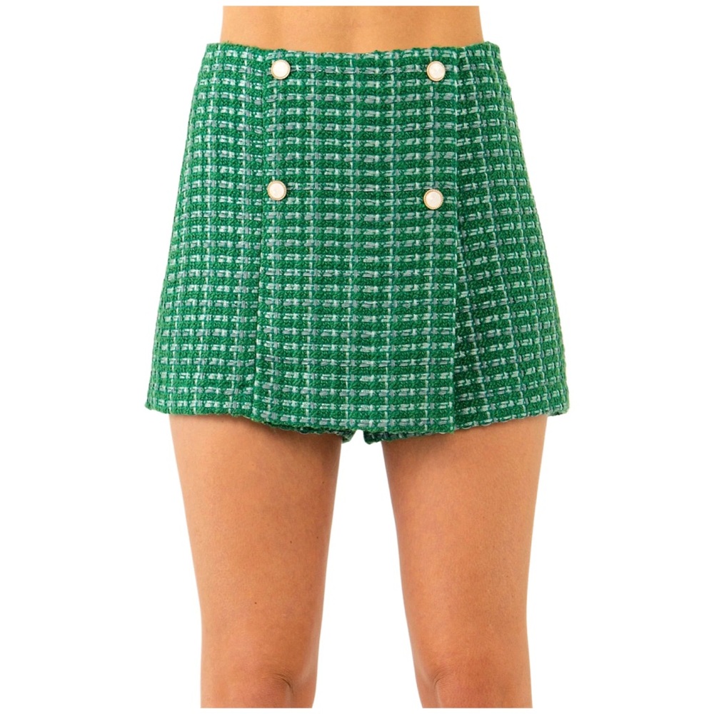 English Factory Green Tweed Mini Skort with Gold Buttons